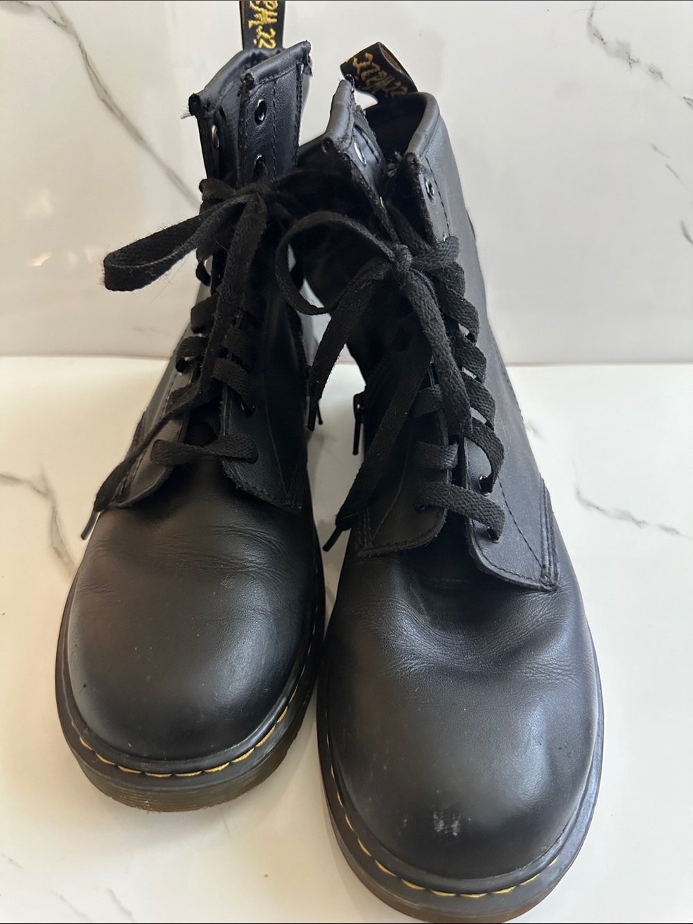 Black Lace-Up Combat Boots with Yellow Stitching - Women's Style: Doc Martins - Picture 10 of 10